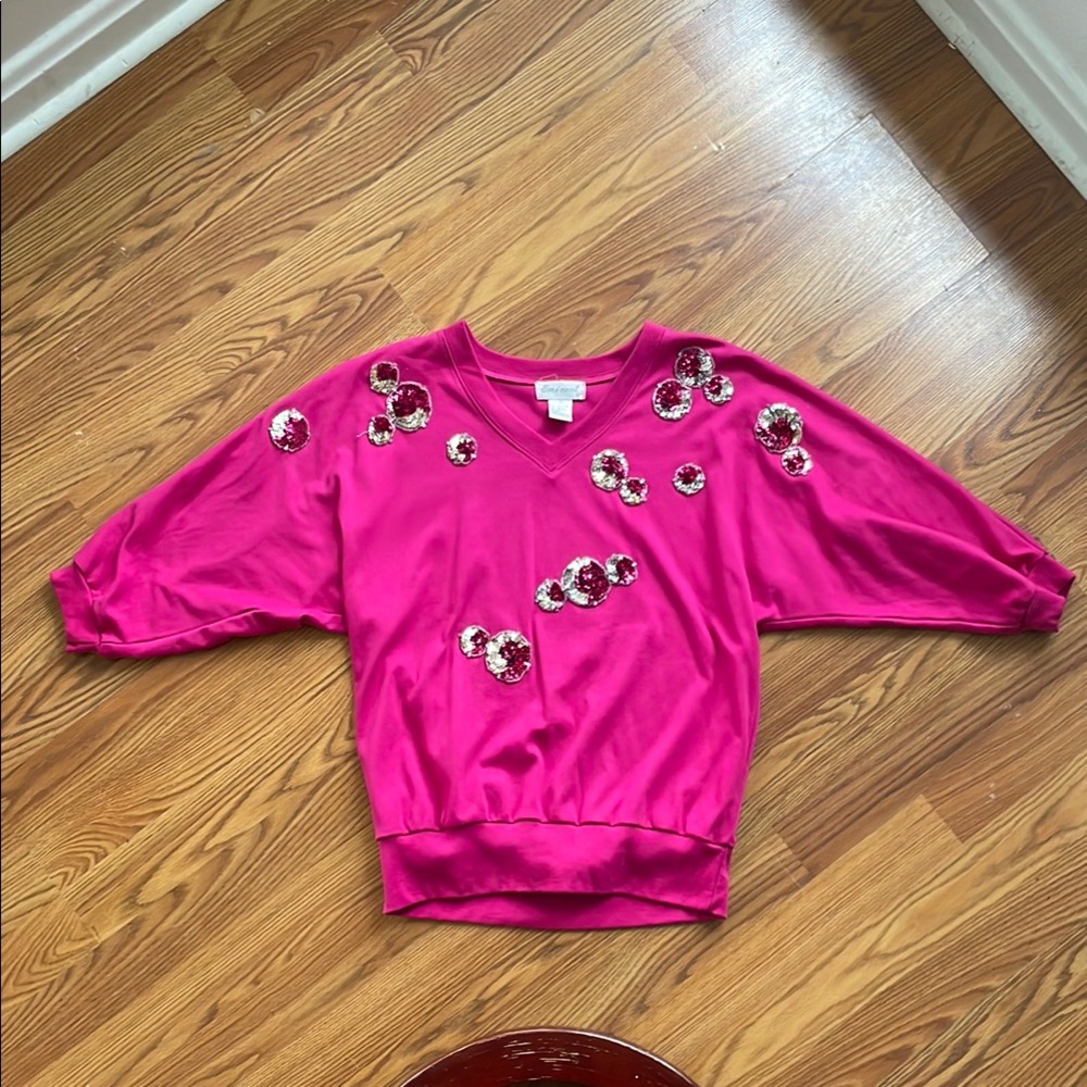 Vintage 80s hot pink knit dolman sequin top